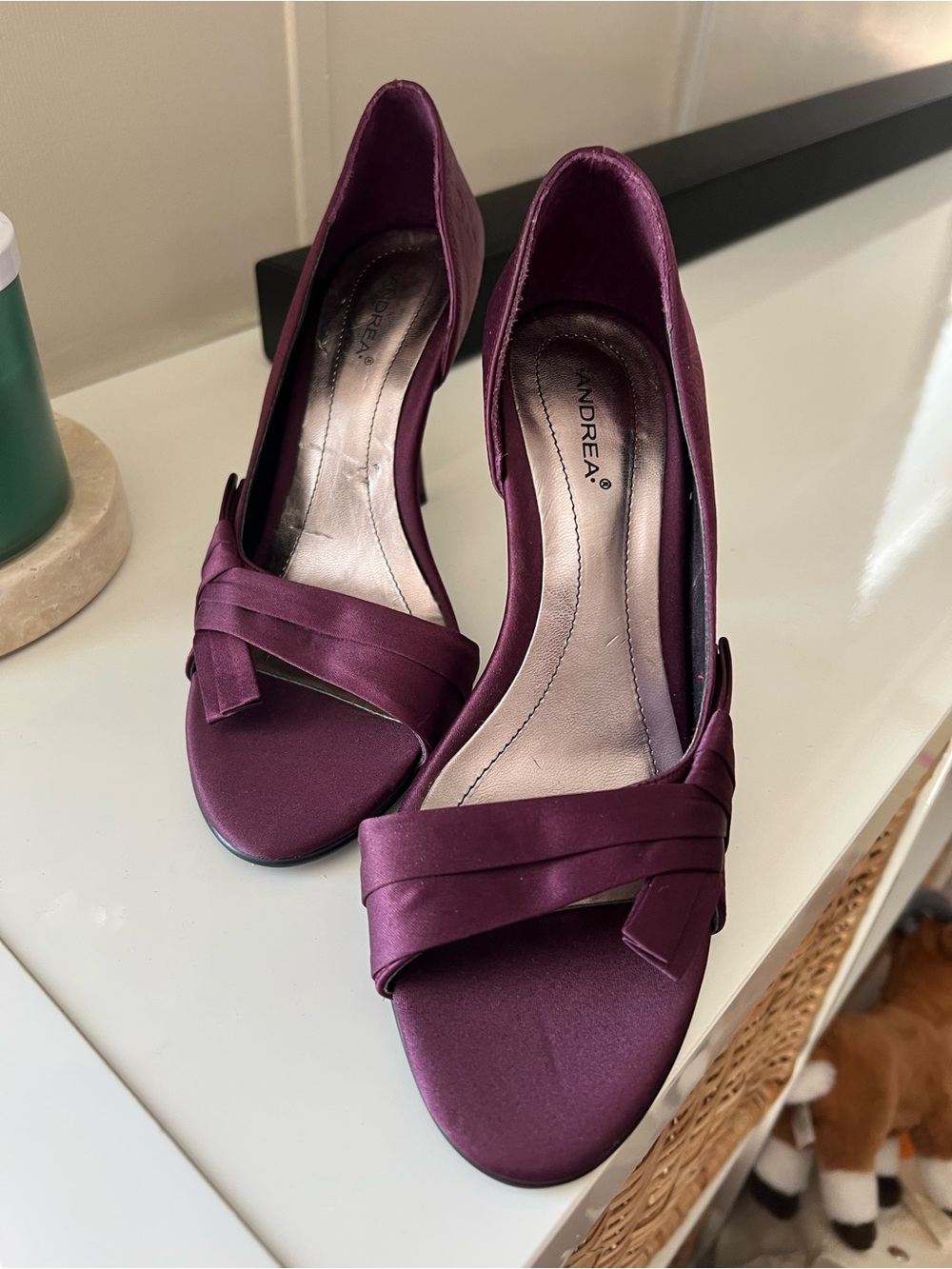 ANDREA FENZI Plum Satin Open-Toe Crossover Heels